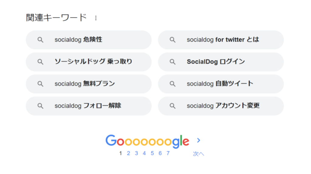 Google検索に「SocialDog」と入力すると予測欄に「SocialDog 危険性」というワード