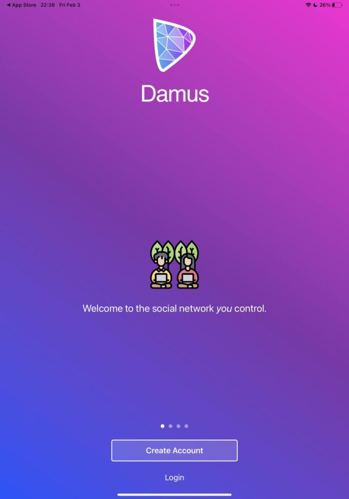 ②「入手」→「開く」の順でDamusアプリを起動する