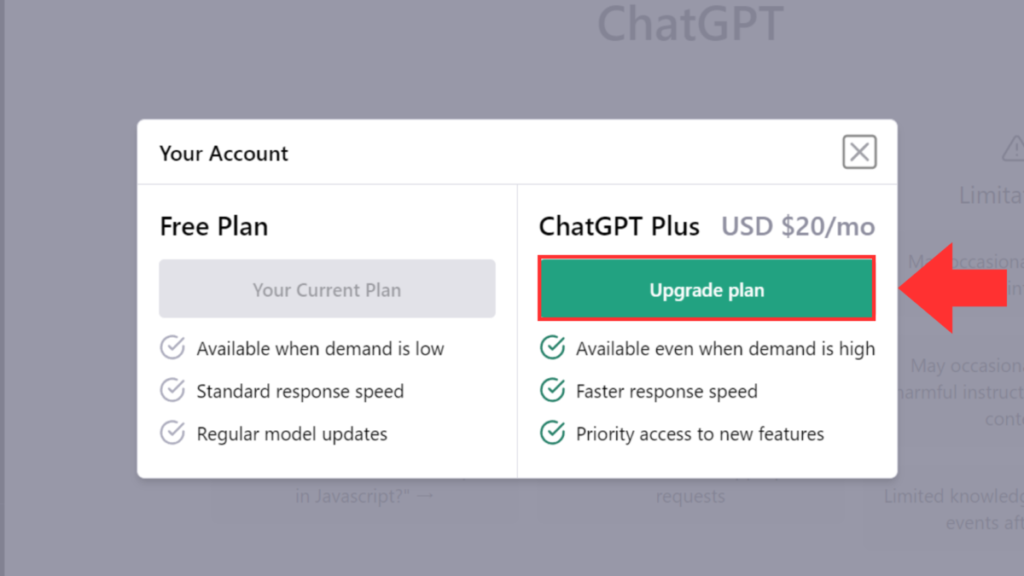 ChatGPT右側の「Upgrade plan」を選択