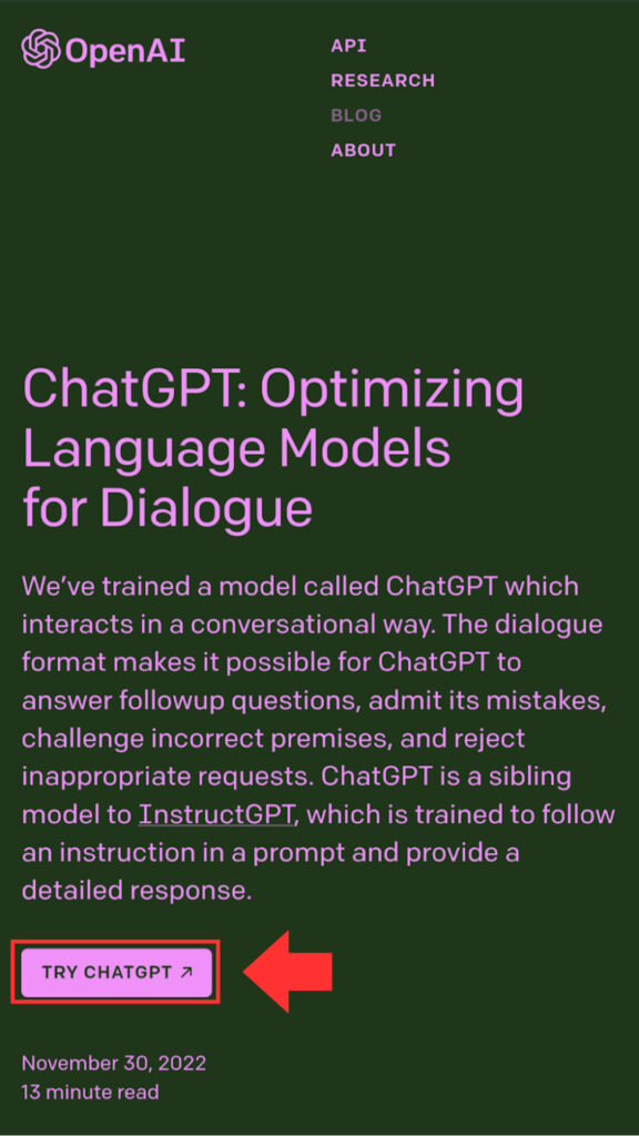 「ChatGPT」をアクセスし、「TRY CHATGPT」をクリック