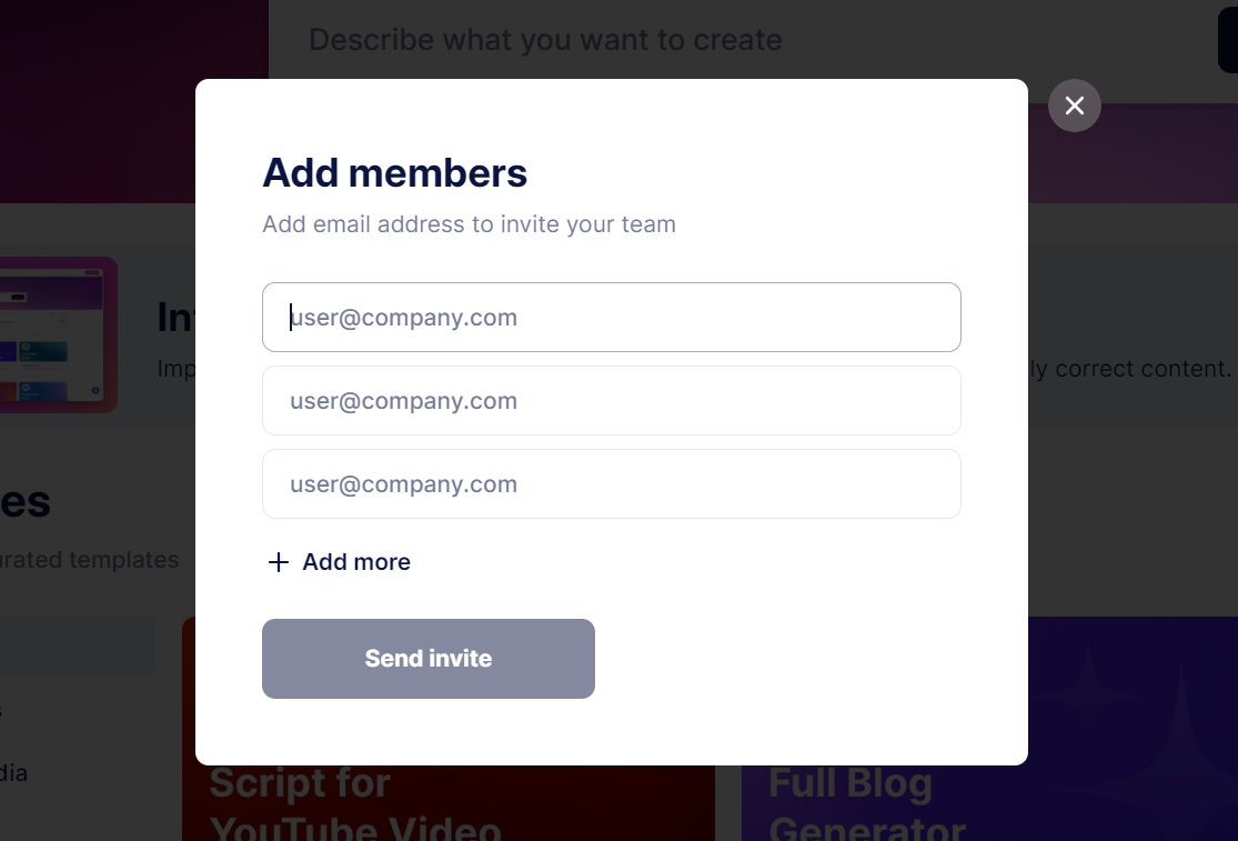 Cohesive AIに招待したいメンバーのメールアドレスを入力して「Send invite」をクリック